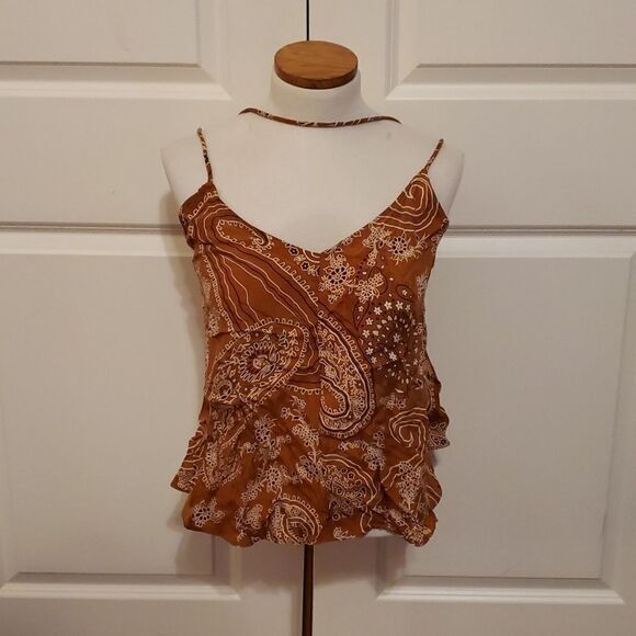 Zara Tops - Zara Womens Rust Brown Paisley Bandana Print Ruffle Camisole Top Small 4886/070